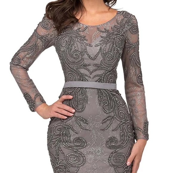 Cecilia Couture 1407 gunmetal size 14 long sleeve beaded and lace long dress NWT - Picture 2 of 9